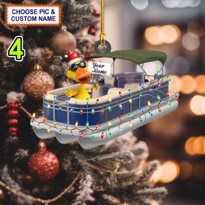 Custom Name Funny Yellow Duckies In Pontoon Boat Personalized Ornament - Image 4