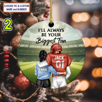 Alternative view of Custom Name – Number Football I'll Always Be Your Biggest Fan Christmas Ornament