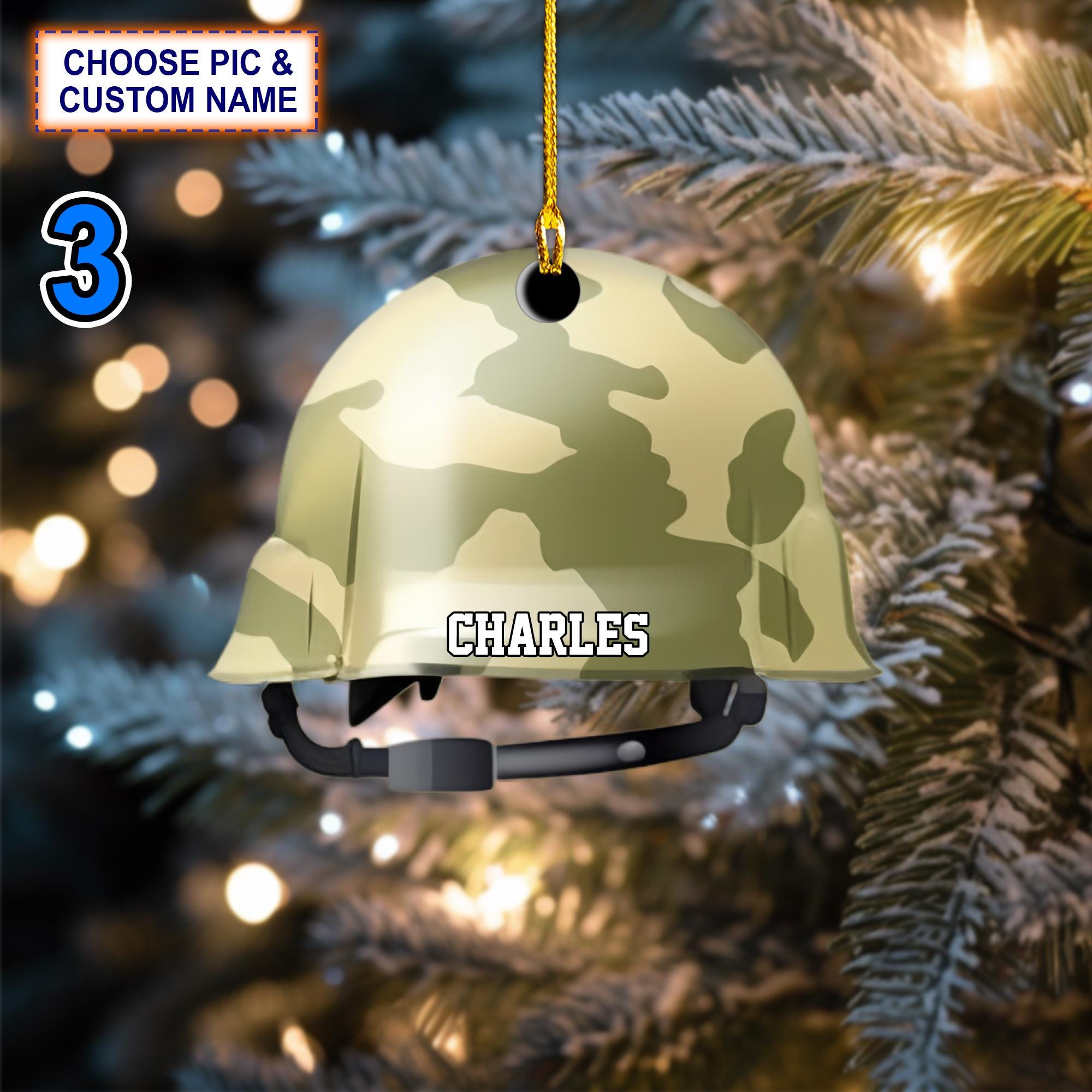 Custom Name Military Helmet Christmas Ornament – Christmas Tree Hanging Decor - Image 3