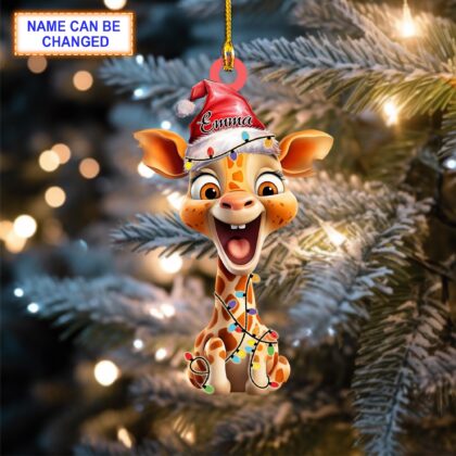 Custom Name Giraffe With Christmas Hat Christmas Ornament