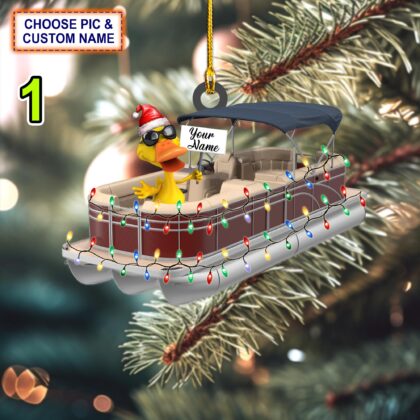 Custom Name Funny Yellow Duckies In Pontoon Boat Personalized Ornament