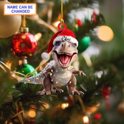 Custom Name Santa Dinosaur Personalized Ornament – Christmas Tree Hanging Decor