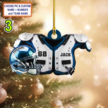Custom Name And Number American Football Shoulder Pads and Helmet Personalized Ornament - Image 3