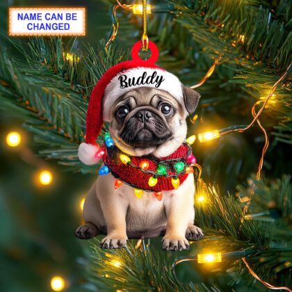 Custom Name Cute Sitting Pug Dog with Santa Hat Christmas Ornament