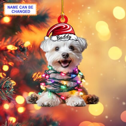 Custom Name Cute Sitting Yorkshire Dog with Santa Hat Christmas Lights Ornament