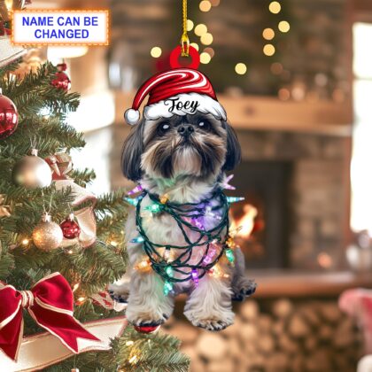 Custom Name Cute Sitting Shih Tzu Dog with Santa Hat Christmas Lights Ornament