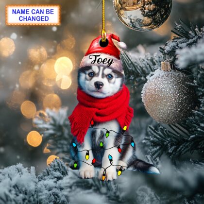 Custom Name Cute Sitting Husky Dog with Santa Hat Christmas Lights Ornament