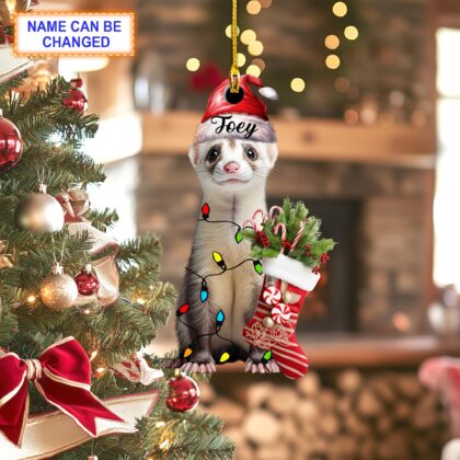 Custom Name Cute Sitting Ferret with Santa Hat Christmas Lights Ornament