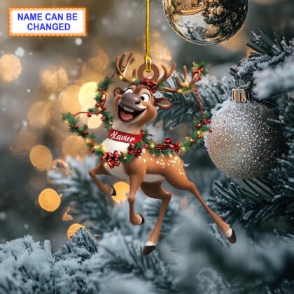 Custom Name Reindeer Happy With Wreath Christmas Ornament
