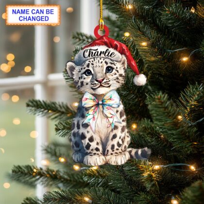 Custom Name Cheetah with Santa Hat and Glitter Bow Lights Leopard Christmas Ornament