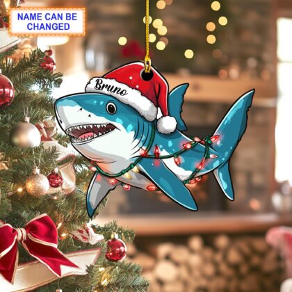Custom Name Shark with Santa Hat Christmas Lights Ornament