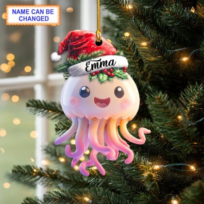 Custom Name Cute Jellyfish Smiling with Santa Hat Personalized Ornament
