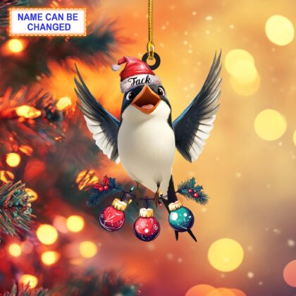 Custom Name Swallow Bird With Christmas bulbs Personalized Ornament