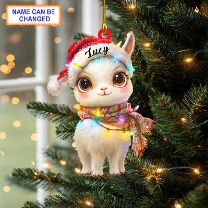 Custom Name Cute Alpaca Wearing Scarf and Santa Hat Llama Xmas Ornament