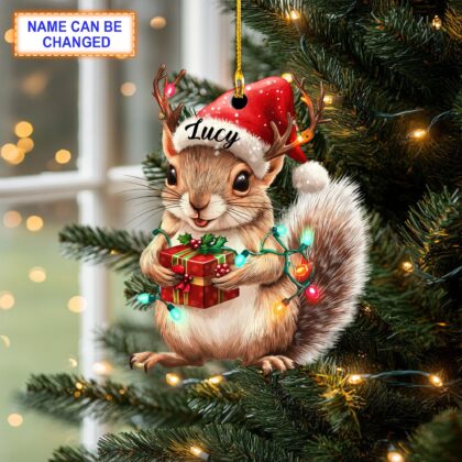 Custom Name Squirrel With Santa Hat and Giftbox Personalized Ornament