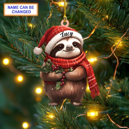 Custom Name Sloth Wearing Scarf and Santa Hat Mistletoe Xmas Ornament