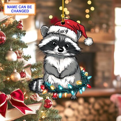 Custom Name Racoon With Santa Hat and Christmas Lights Xmas Ornament