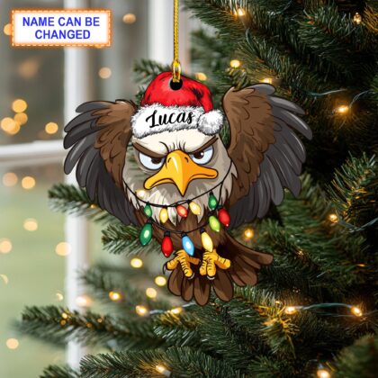 Custom Name Eagle With Santa Hat and Christmas Lights Xmas Ornament