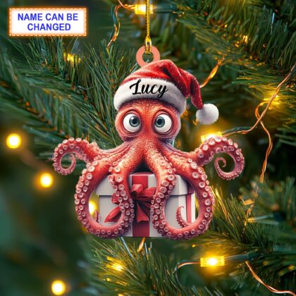 Custom Name Cute Octopus With Santa Hat Sitting On A Gift Box Ornament