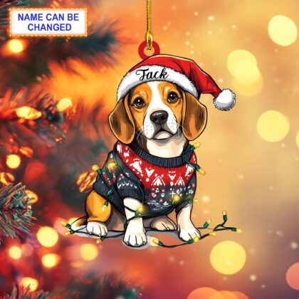 Custom Name Beagle Cute Dog With Santa Hat and Christmas Lights Ornament