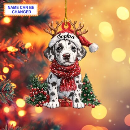 Custom Name Dalmatian Cute Dog With Santa Hat Christmas Tree Ornament
