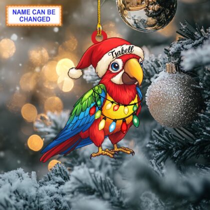 Custom Name Parakeet Bird With Santa Hat and Christmas Lights Ornament