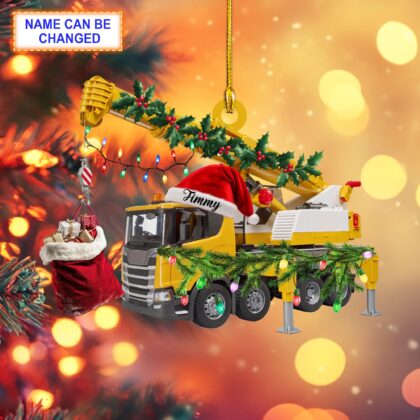 Custom Name Crane Truck With Santa Hat and Christmas Giftbox Ornament