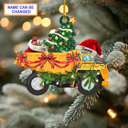 Custom Name Dump Truck With Santa Hat and Christmas Giftbox Ornament