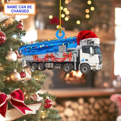 Custom Name Boom Pump Truck With Santa Hat and Christmas Lights Ornament