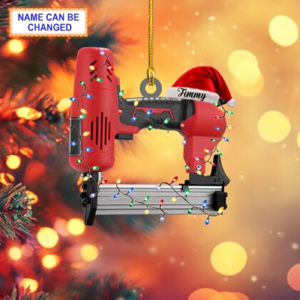 Custom Name Nail Gun With Santa Hat and Christmas Lights Ornament