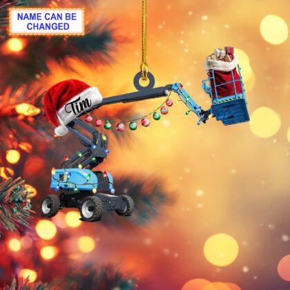 Custom Name Boom Lift With Santa Hat and Christmas Lights Ornament