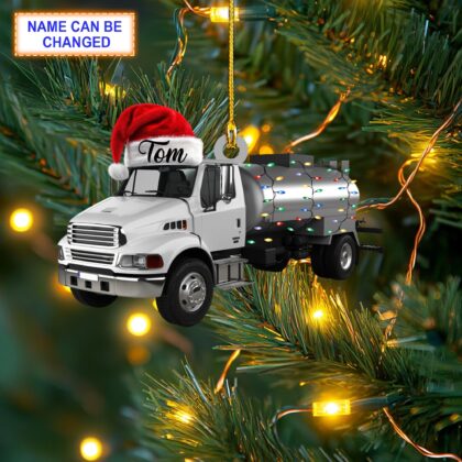 Custom Name Asphalt Distributor Truck With Santa Hat Christmas Lights Ornament