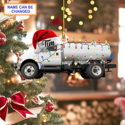 Custom Name Watering Truck With Santa Hat and Christmas Lights Ornament
