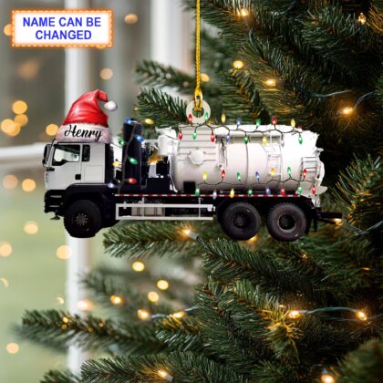 Custom Name Sand Pumping Truck With Santa Hat and Christmas Lights Ornament