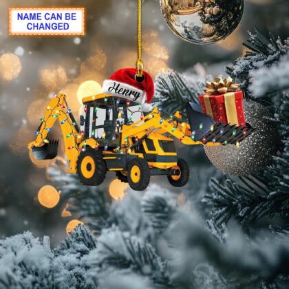Custom Name Backhoe Loader With Santa Hat and Christmas Lights Ornament
