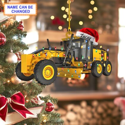 Custom Name Motor Grader With Santa Hat and Christmas Lights Ornament