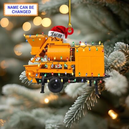Custom Name Mobile Concrete Pump With Santa Hat Christmas Lights Ornament