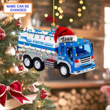 Custom Name Water Tanker Truck With Santa Hat Christmas Lights Ornament