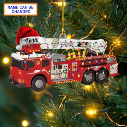 Custom Name Construction Fire Truck With Santa Hat Christmas Lights Ornament