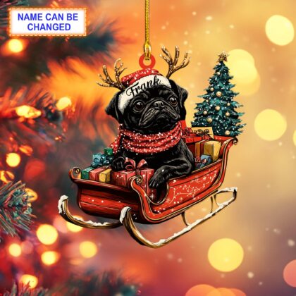 Custom Name Black Pug With Santa Hat Sitting On A Red Sleigh Ornament