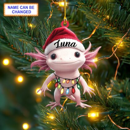 Custom Name Axolotl Salamander With Santa Hat Christmas Lights Ornament