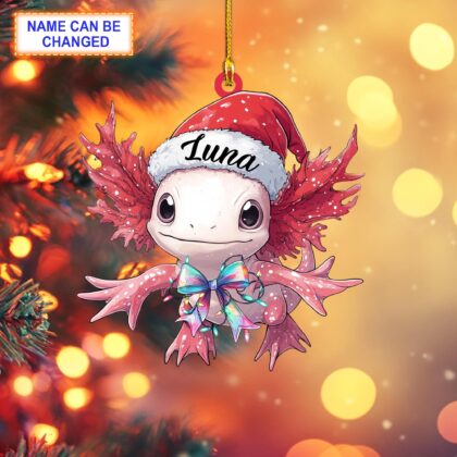 Custom Name Axolotl Salamander V2 With Santa Hat Christmas Lights Ornament