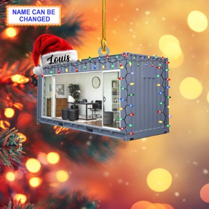 Custom Name Mobile Office Container With Santa Hat Christmas Lights Ornament