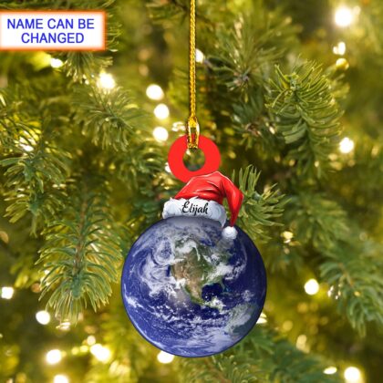 Custom Name Earth With Santa Hat Personalized Ornament – Tree Hanging Decor