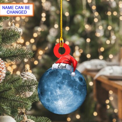 Custom Name Blue Moon With Santa Hat Personalized Ornament