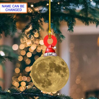 Custom Name Yellow Moon With Santa Hat Personalized Ornament