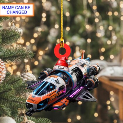 Custom Name Spaceship With Santa Hat Personalized Ornament
