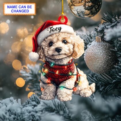 Custom Name Cute Sitting Poodle Dog with Santa Hat Christmas Lights Ornament