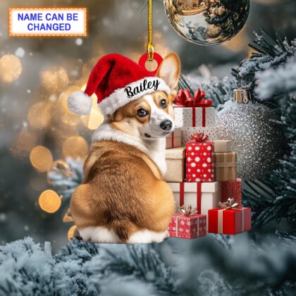 Custom Name Cute Sitting Corgi Dog with Santa Hat Christmas Gift Box Ornament