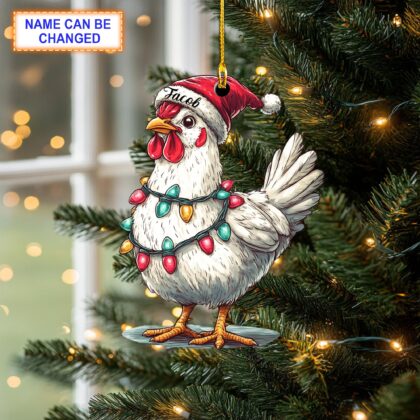 Custom Name Rooster with Santa Hat Christmas Lights Ornament